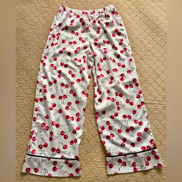 kate spade Cherry Print Satin Feel Pajama Set in Red and White with Black Trim - Picture 10 of 16